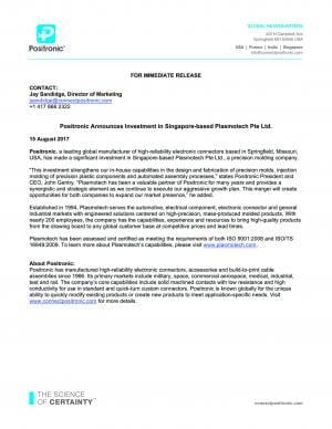 Positronic Announces Investment in Singapore-based Plasmotech Pte Ltd.