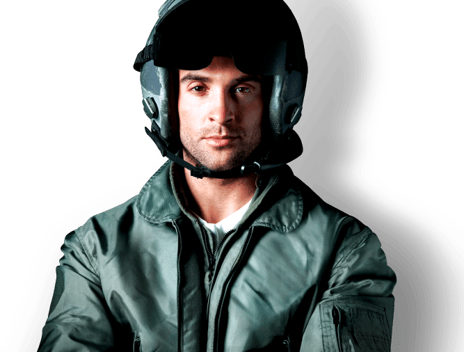 fighter pilot wearing flight jacket and helmet