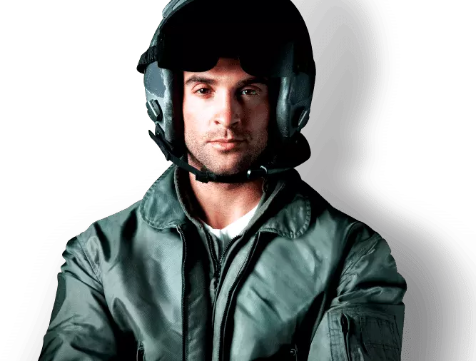 fighter pilot wearing flight jacket and helmet