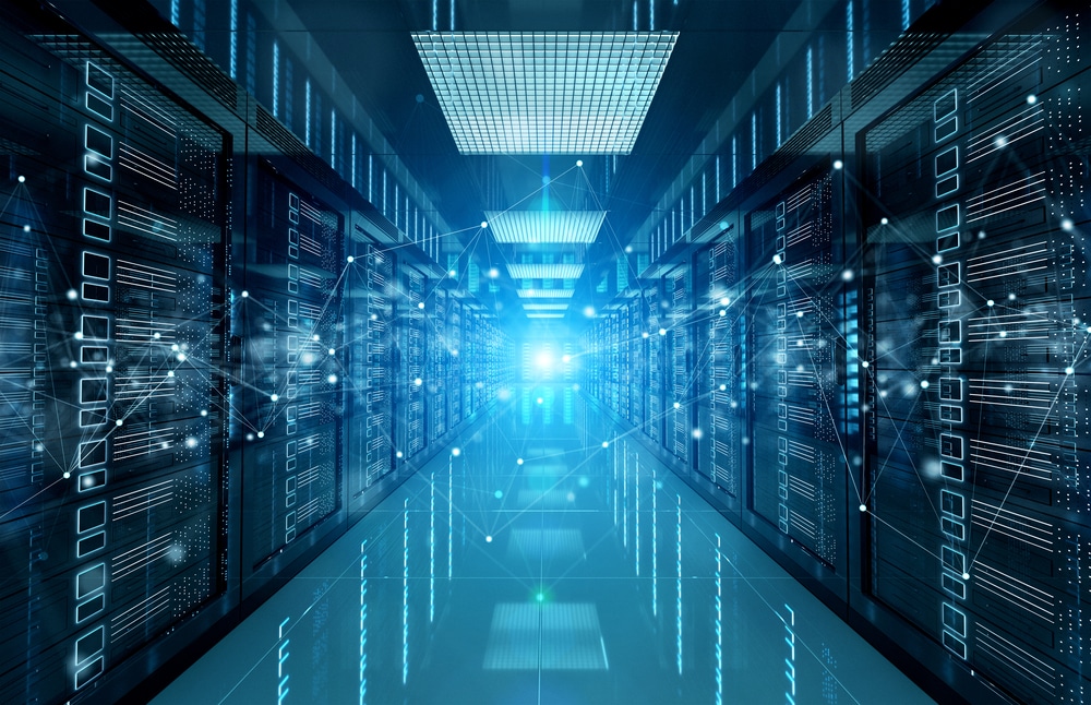 Data center with overlaid graphic depicting connections